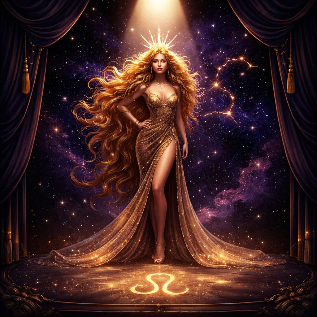 Leo woman card illustration of a golden lioness-haired figure in a theater spotlight with the Leo glyph and a sunburst crown