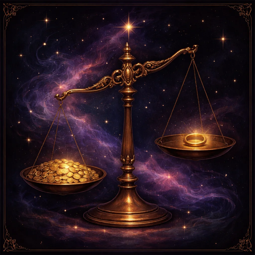 Libra woman card: a brass balance tipped to one side, many identical coins in one pan, a single gold ring in the other
