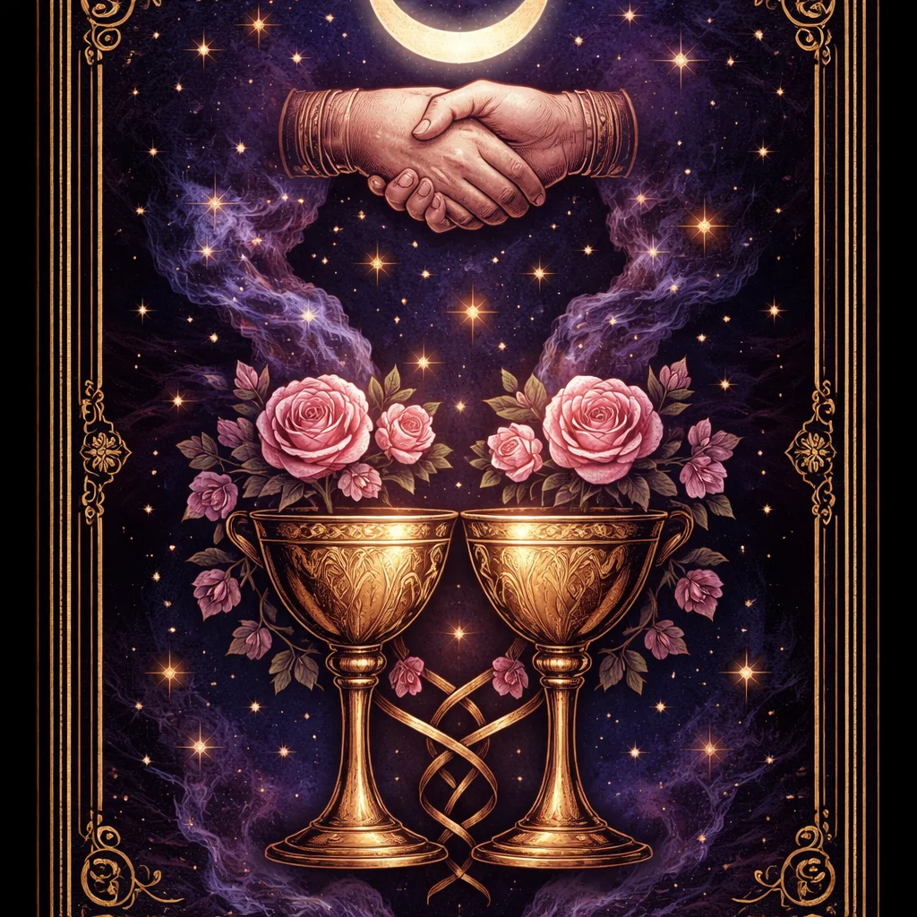 Love tarot reading card showing two intertwined hearts and cups on a rose-lit tarot card