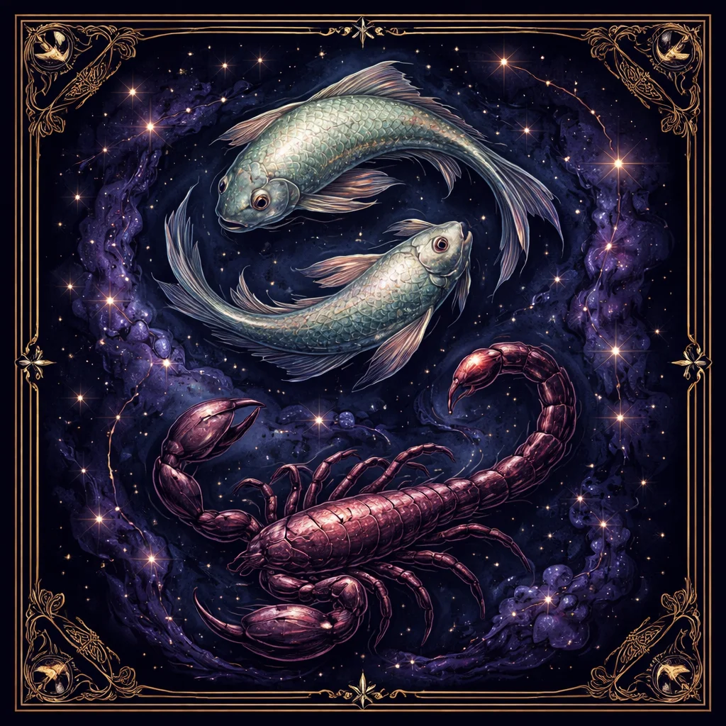 Pisces and Scorpio compatibility card with two fish above a scorpion in deep starlit water