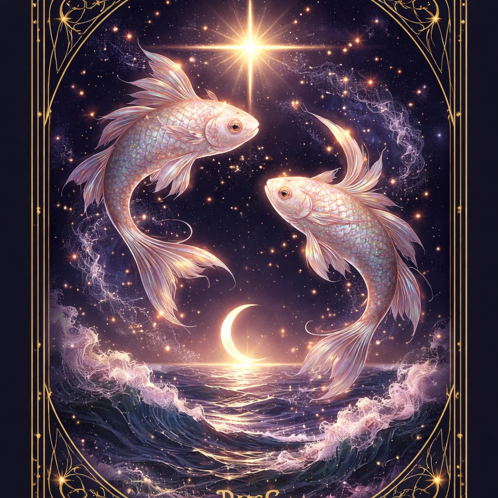 Pisces love horoscope card with two fish circling a glowing Venus over a moonlit tide in seafoam and rose gold