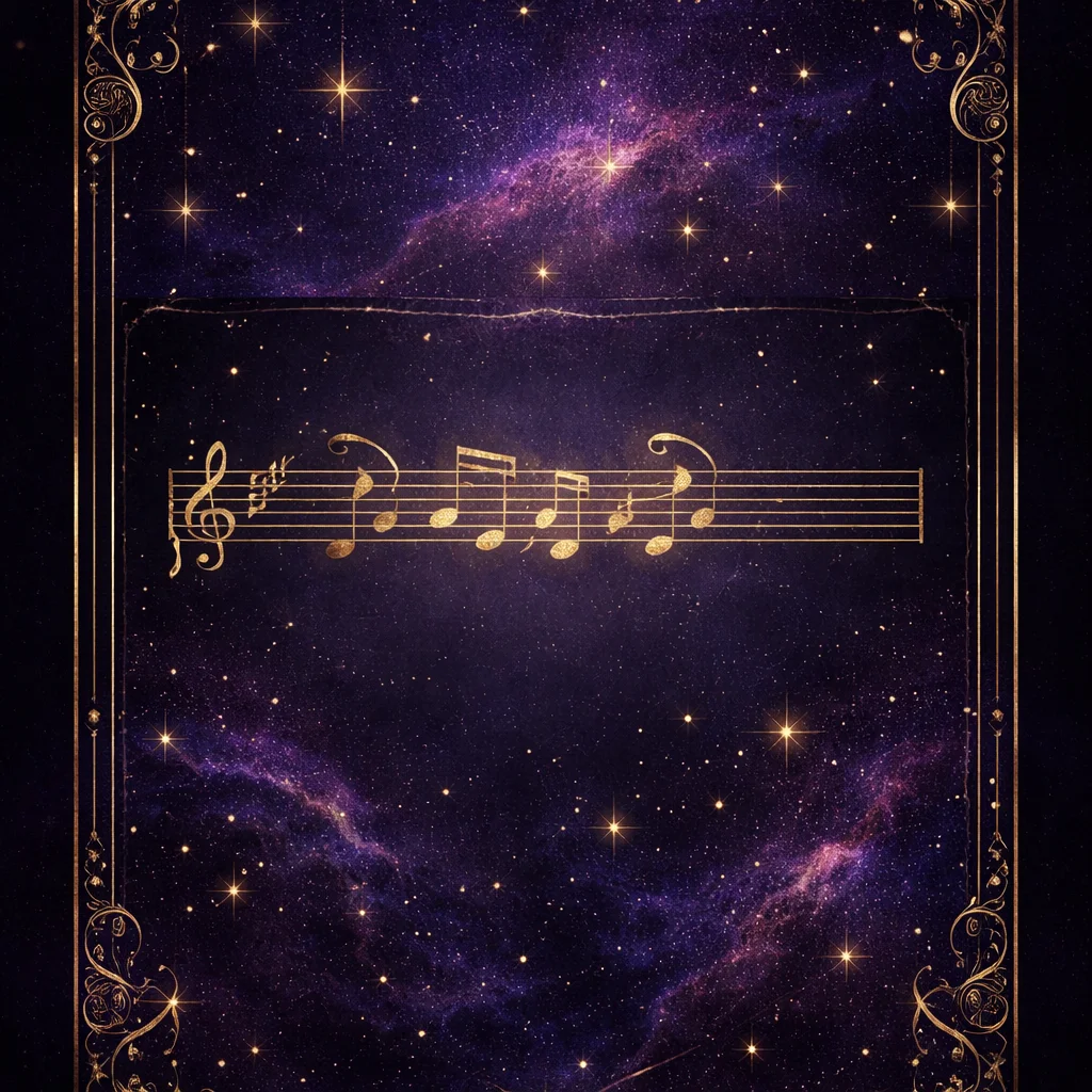Pisces man card: a gold-inked music stave on deep indigo whose final bar is left open with no closing barline
