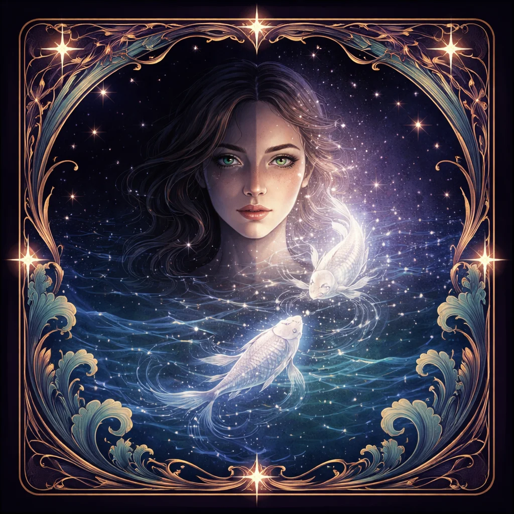 Pisces woman decoder card: a half-developed portrait surfacing in luminous water