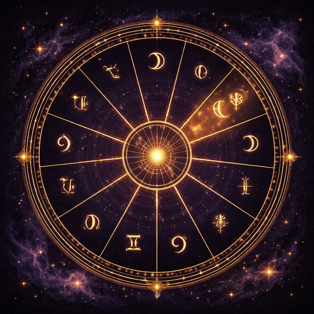 Planet in house calculator card showing a twelve-segment astrological house wheel with planetary glyphs in their houses