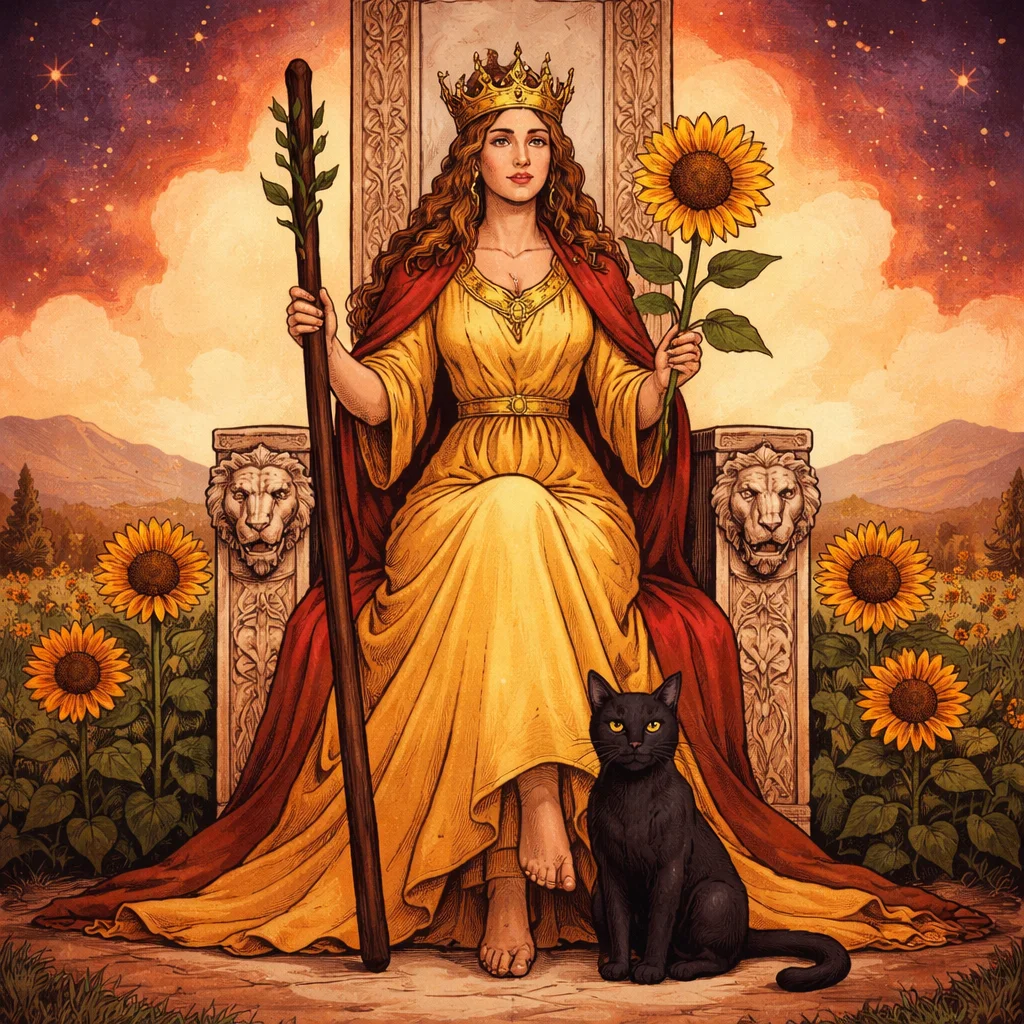Queen of Wands tarot card meaning: a confident queen on a lion-throne holding a sunflower, a black cat at her feet