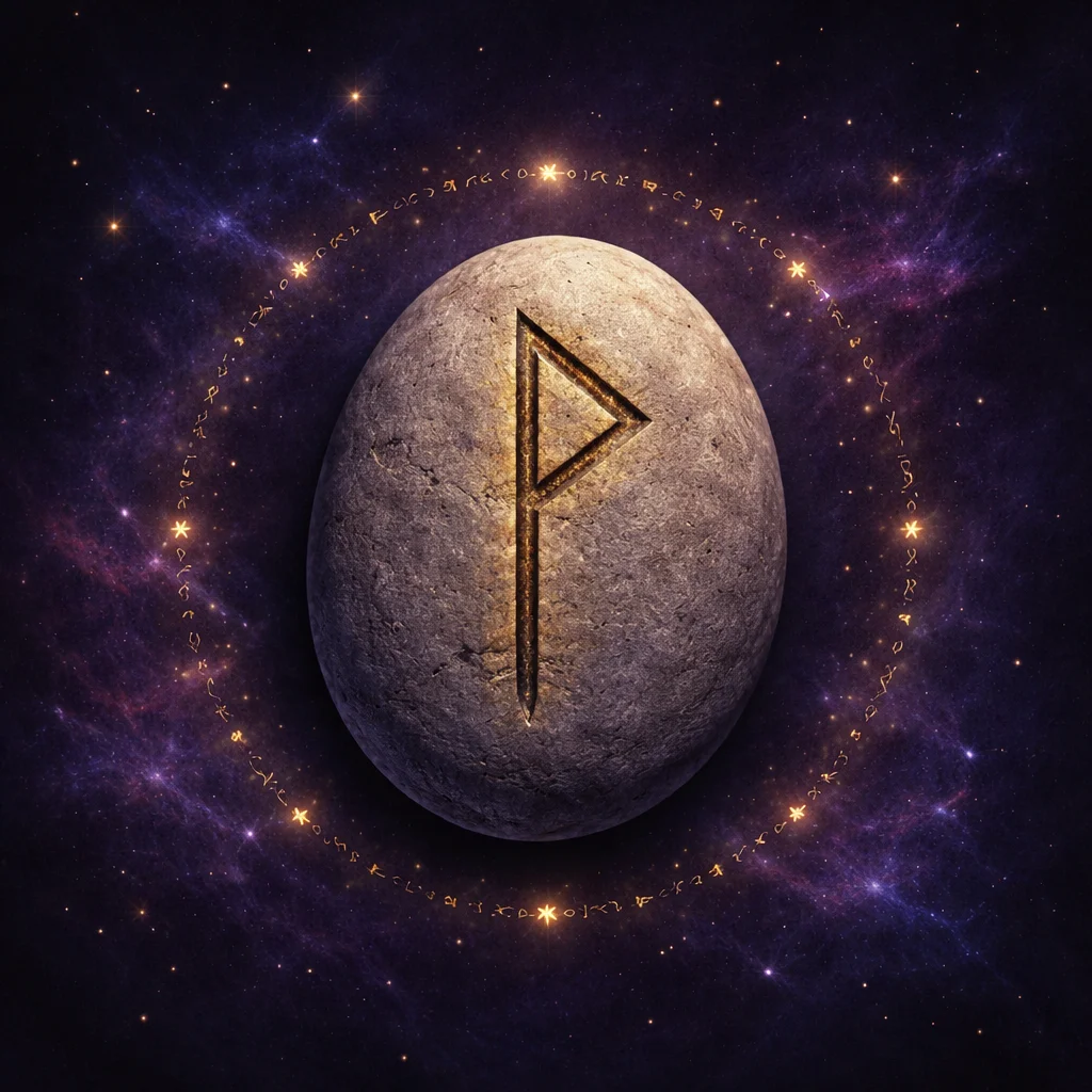 Rune reading stone carved with a single angular Elder Futhark mark in gold, ringed by smaller runic marks