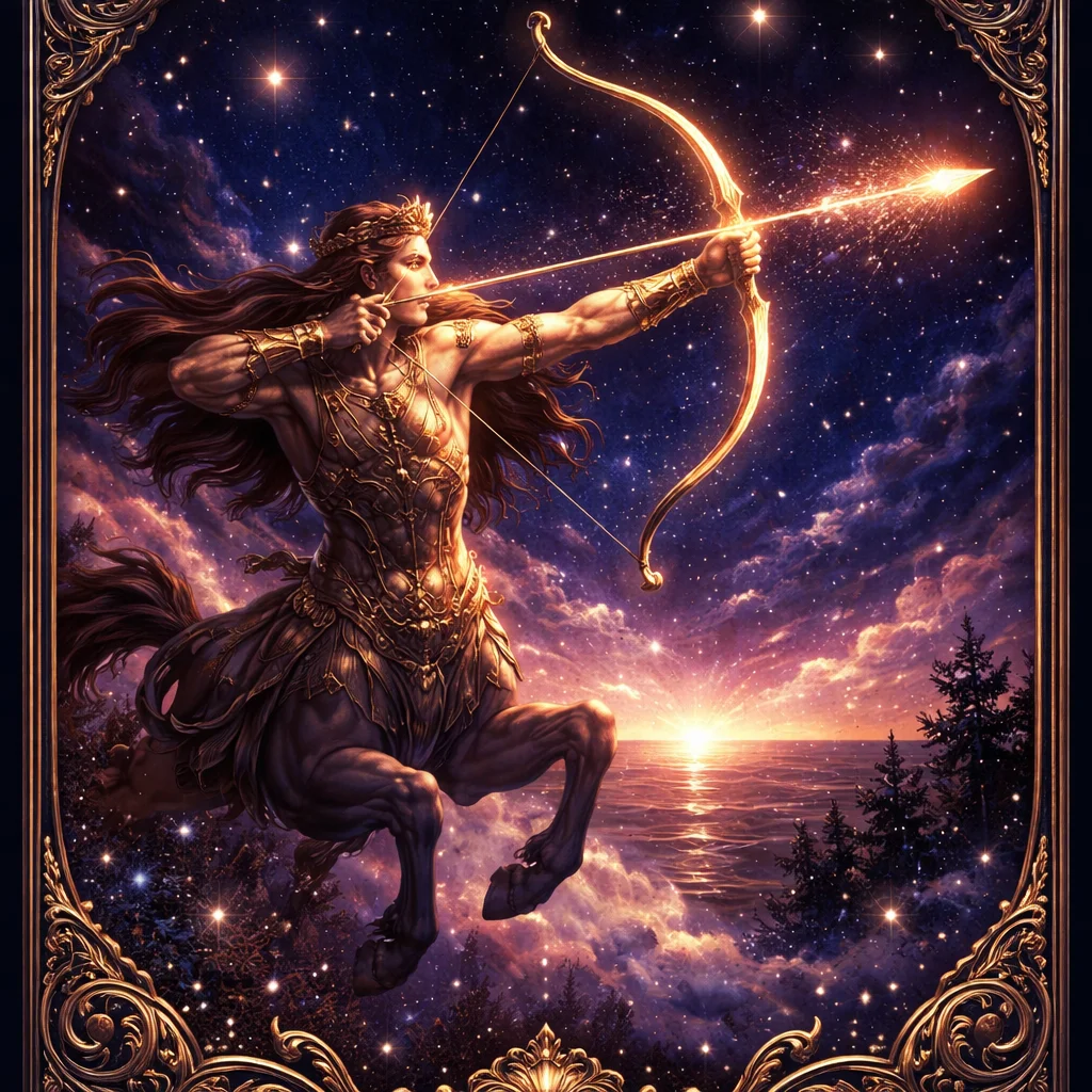 Sagittarius love horoscope card showing the archer drawing a bow of golden light with Venus and Jupiter glowing above