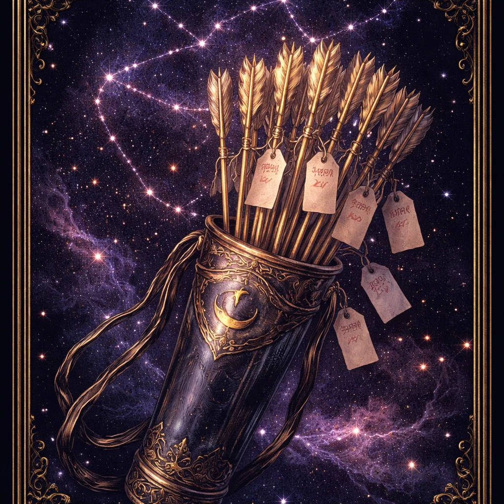 Sagittarius woman card: a quiver of gold arrows with paper luggage tags tied to them, only two tags stamped with a date