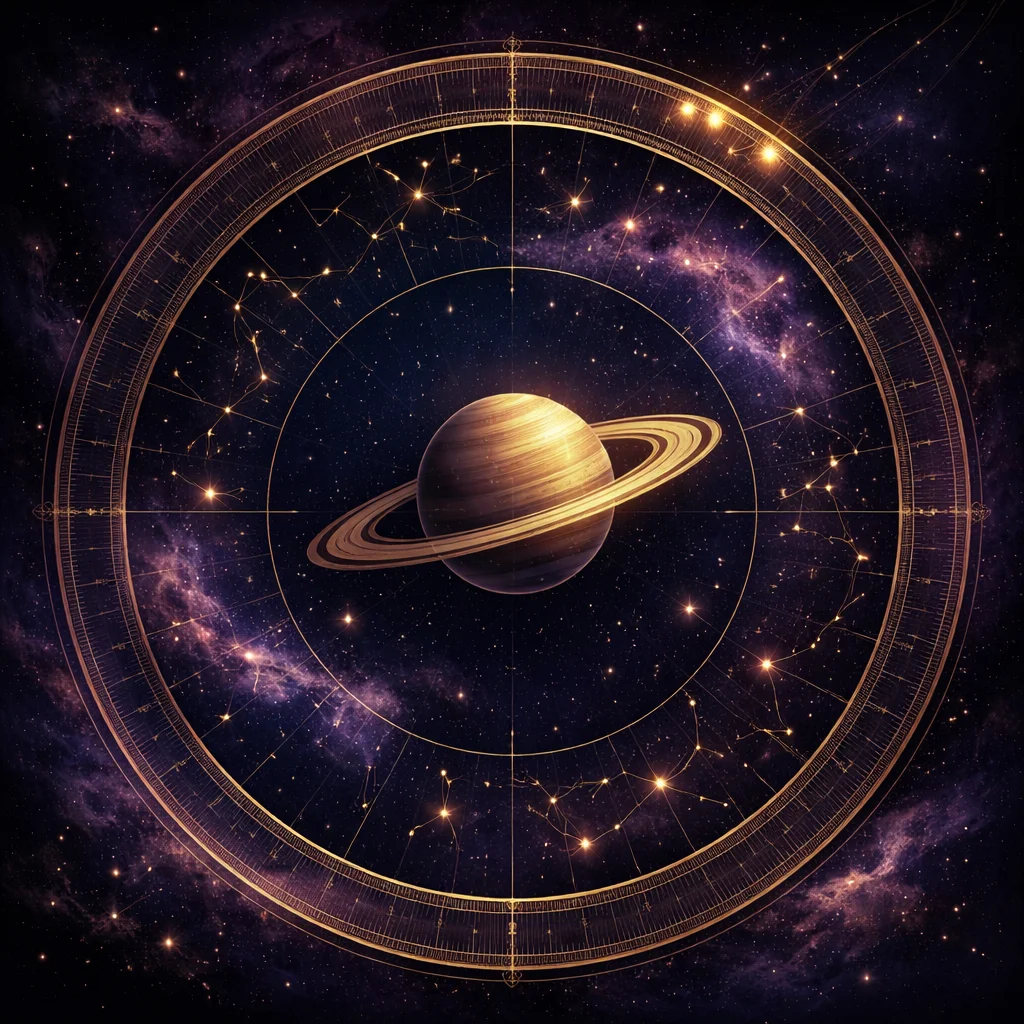 Saturn return calculator card: a ringed Saturn at the centre of a golden dial with three markers on one rim segment