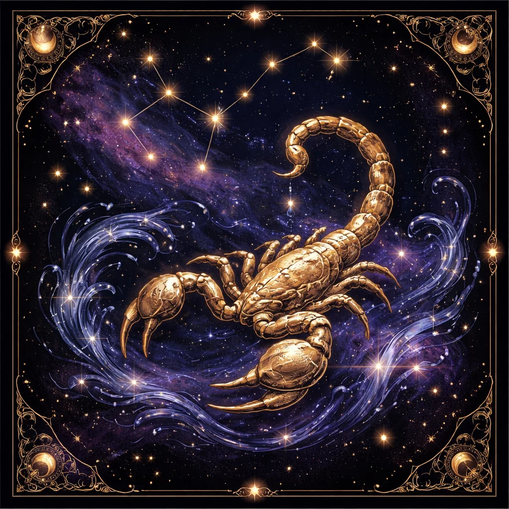 Scorpio horoscope today card illustration with glowing scorpion and Pluto transformation energy