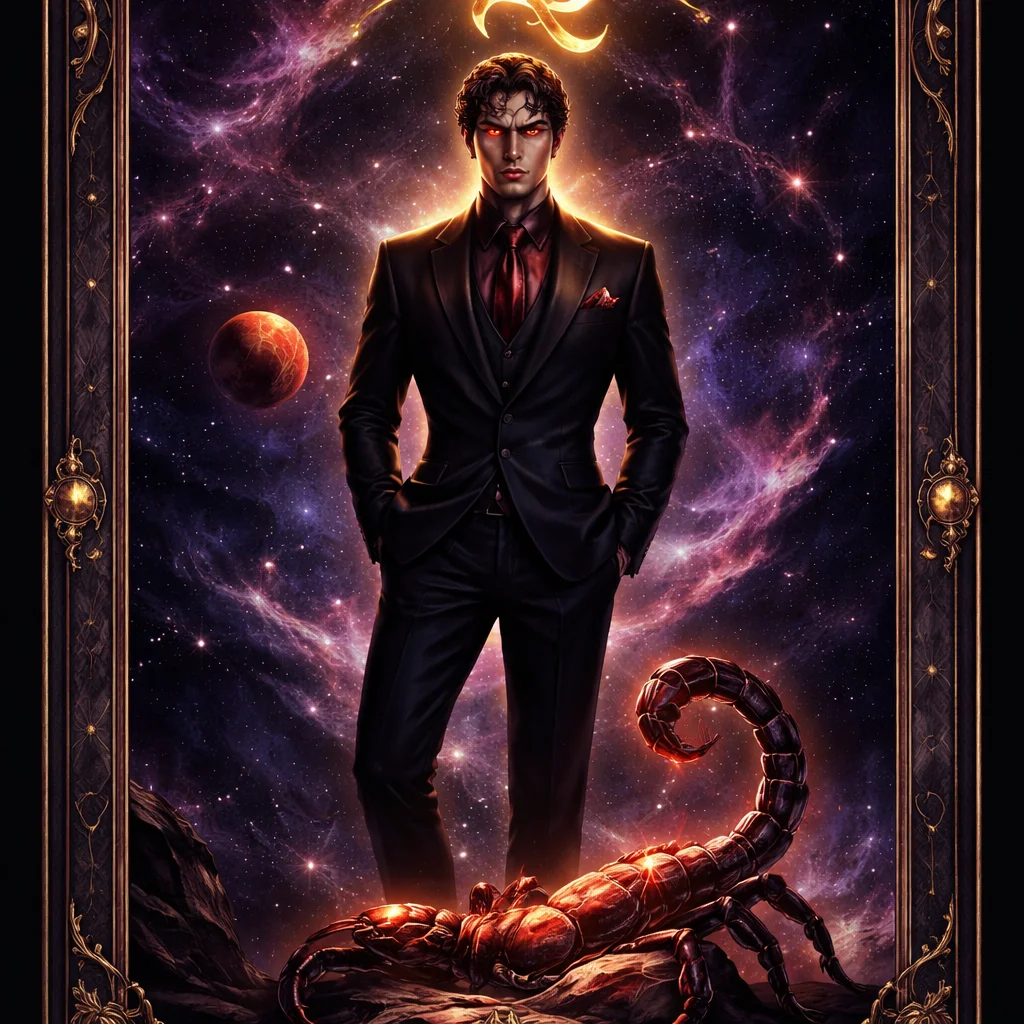 Scorpio man card illustration: a dark-suited figure with the Scorpio glyph, a crimson scorpion and Mars glowing above
