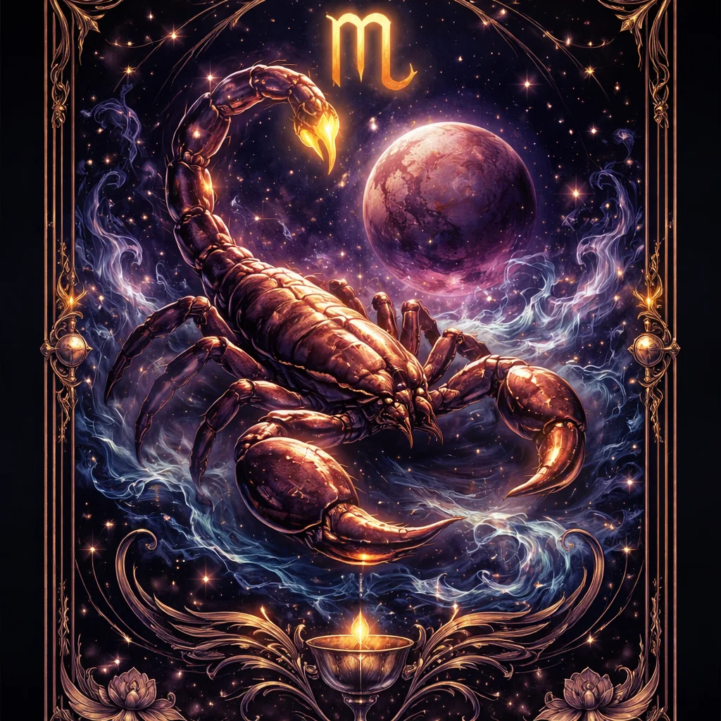 Scorpio zodiac sign card illustration with a dark scorpion, the Scorpio glyph, and the planet Pluto