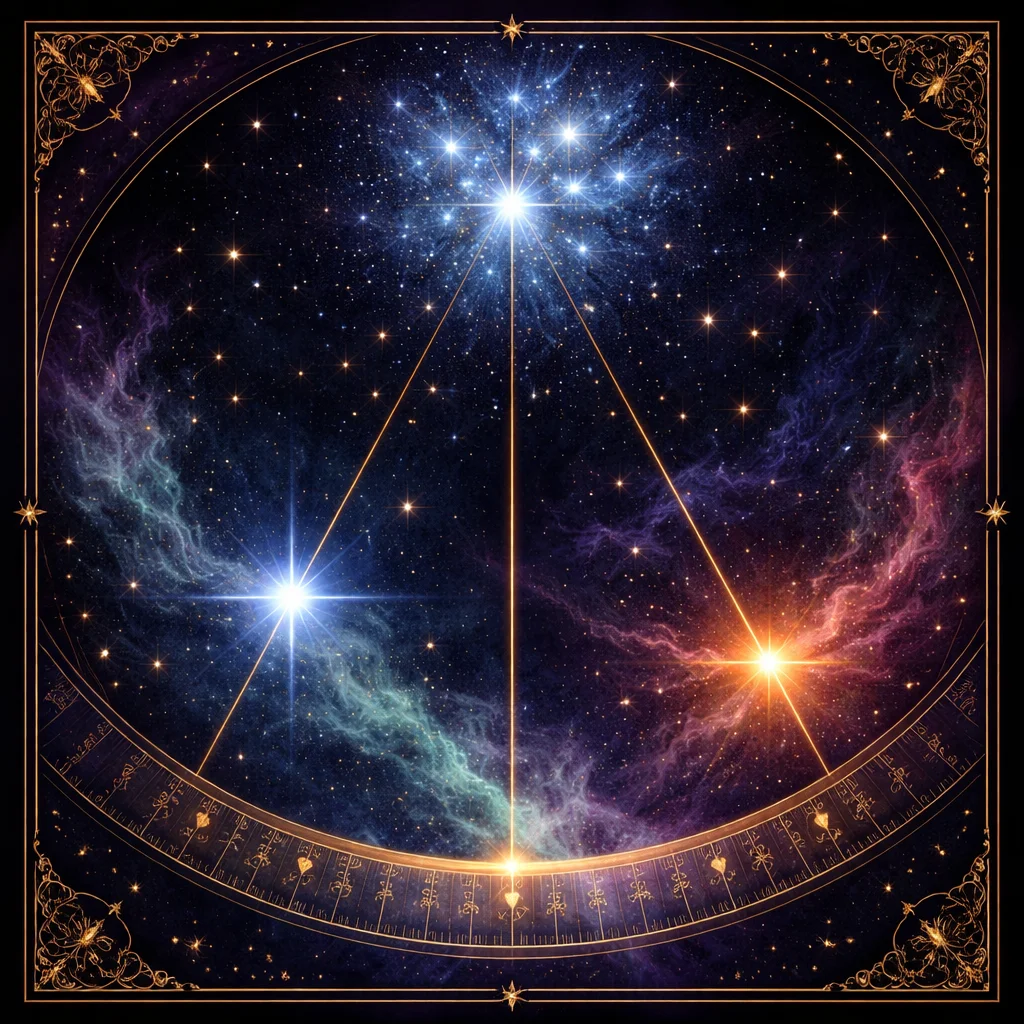 Starseed birth chart calculator card showing the Pleiades, Sirius and Vega plotted above a band of zodiac degrees
