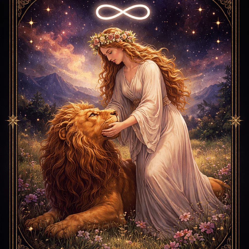 The Strength tarot card meaning: a serene woman gently closing a golden lion's jaws beneath a glowing infinity symbol