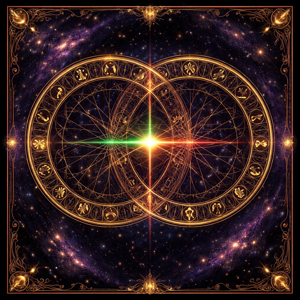 Synastry chart card: two interlocking zodiac rims joined by a lattice of aspect lines