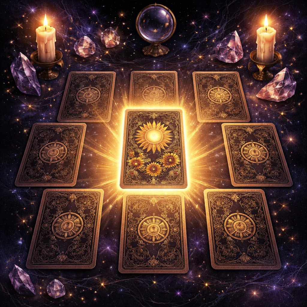 Random tarot card generator illustration showing a fanned Rider-Waite-Smith deck with cards flipping face-up
