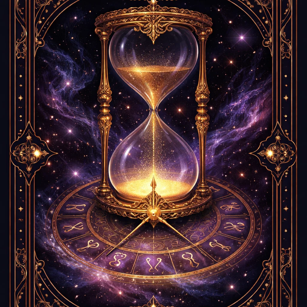 Tarot timing calculator card showing an hourglass whose sand falls into a ring of zodiac decan marks