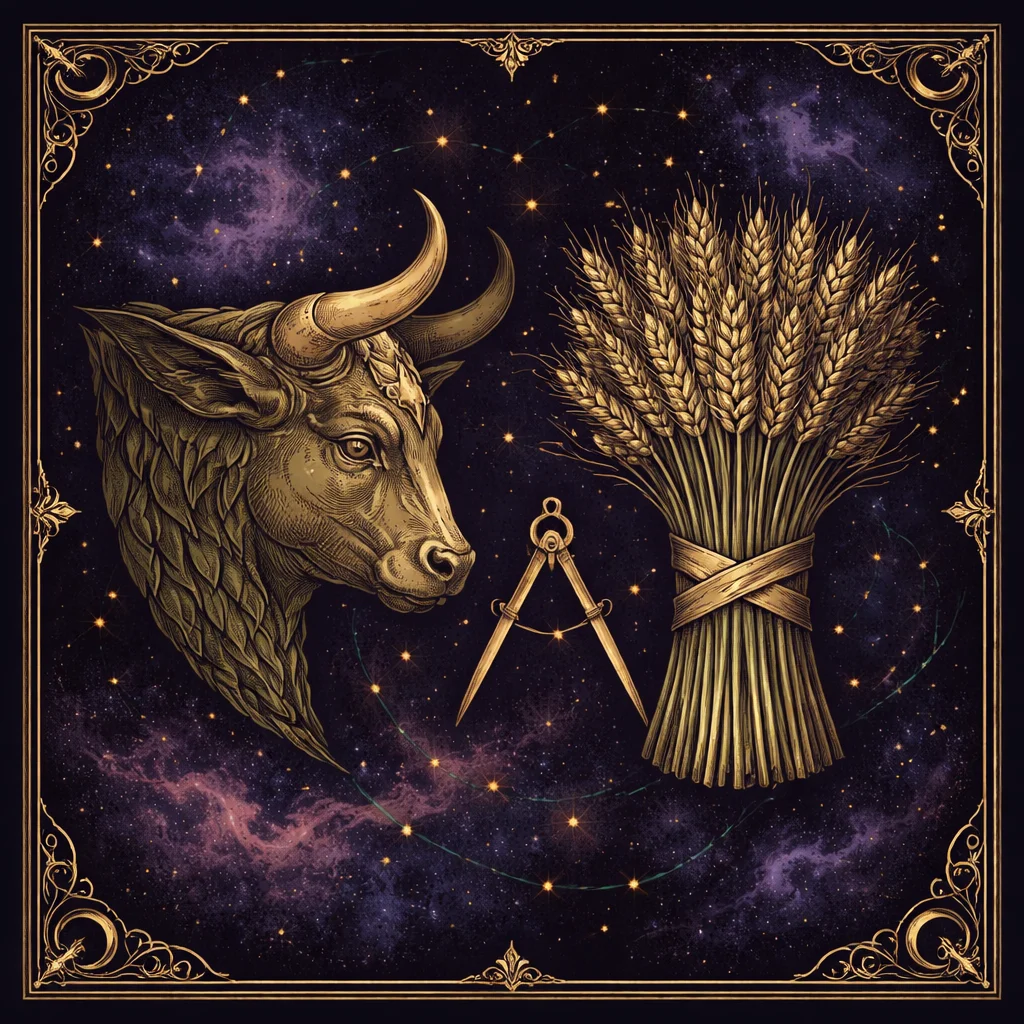 Taurus and Virgo compatibility card with a bull and a wheat sheaf over dark gold earth