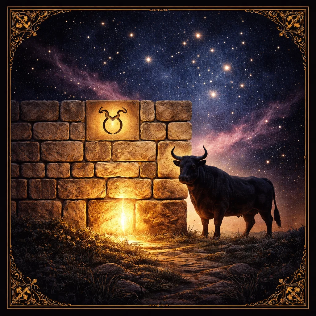 Taurus man card: a golden dry-stone wall with a glowing cornerstone and a calm bull under the Taurus constellation