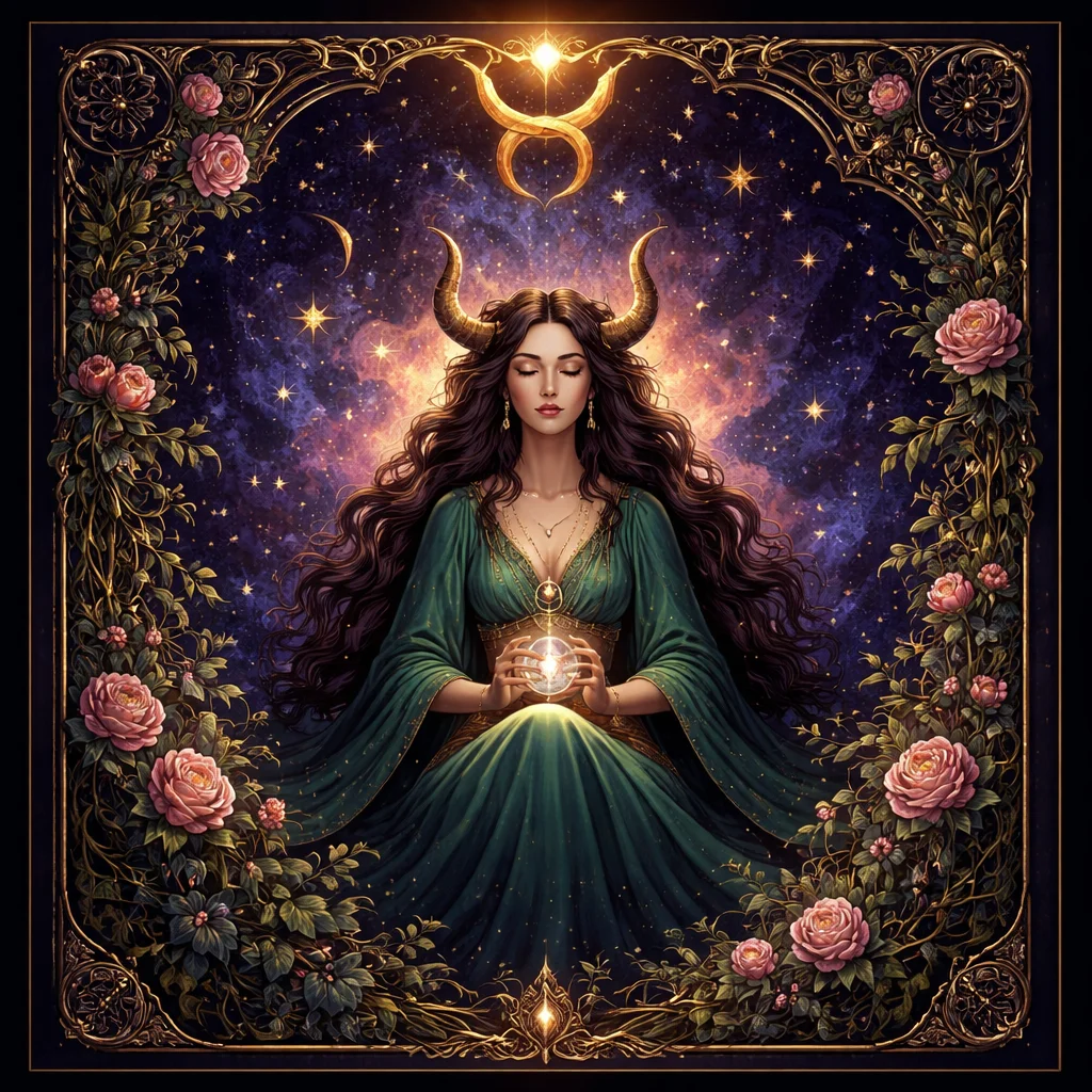 Taurus woman card illustration with an emerald-robed figure, the Taurus bull glyph and a copper constellation