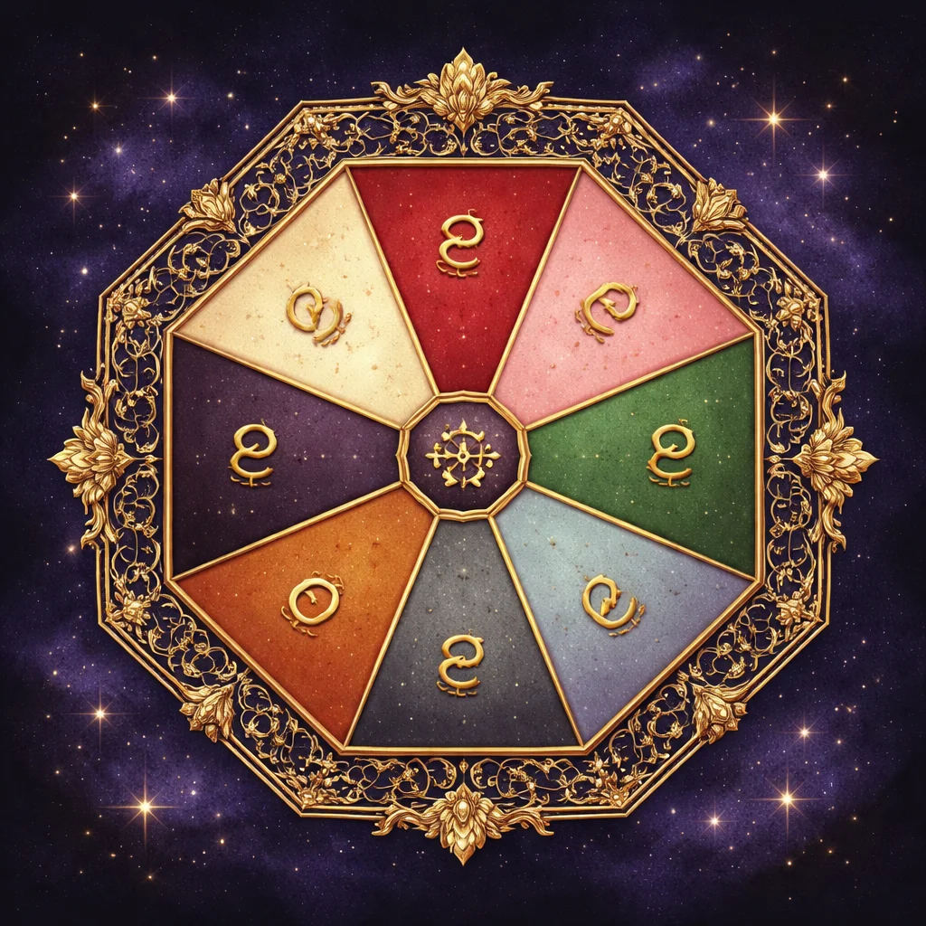 Thai astrology calculator wheel — octagonal diagram of the eight birth day colours with gold planetary glyphs