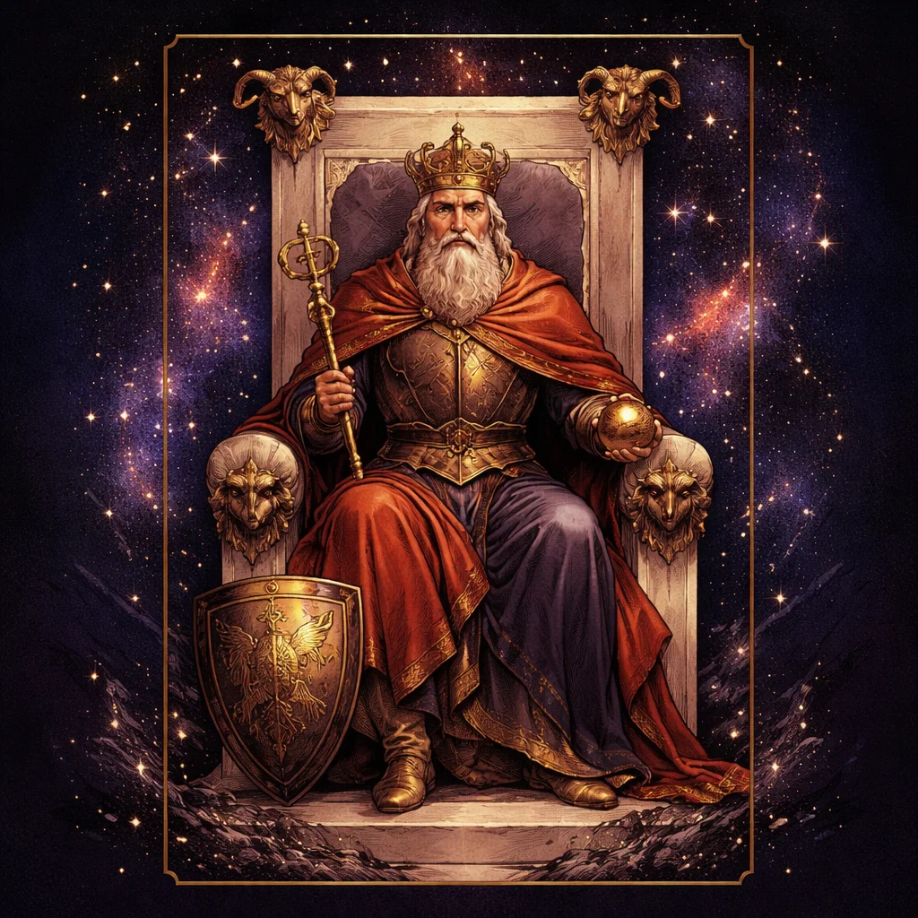 The Emperor tarot card illustration showing a stern ruler on a stone throne carved with ram heads, holding an ankh scepter and orb, wearing crimson robes and iron armor against a fiery mountain backdrop