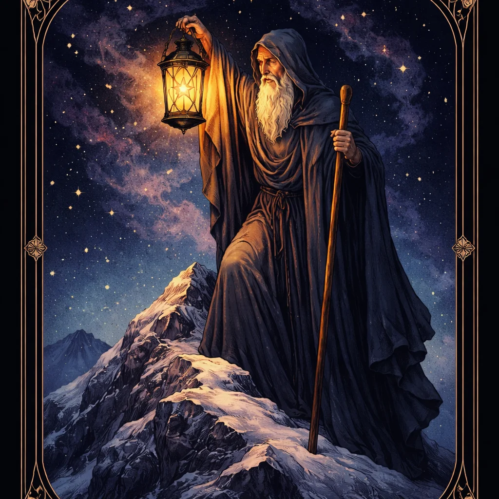 The Hermit tarot card meaning: a cloaked figure on a snowy peak holding a glowing lantern with a six-pointed star