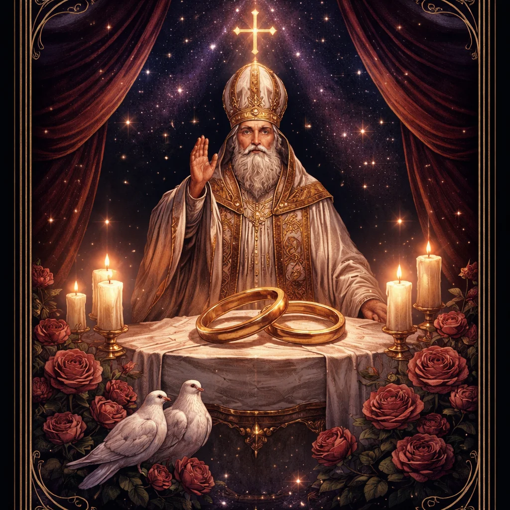 The Hierophant love tarot card: a figure blessing two golden wedding rings on a candlelit altar