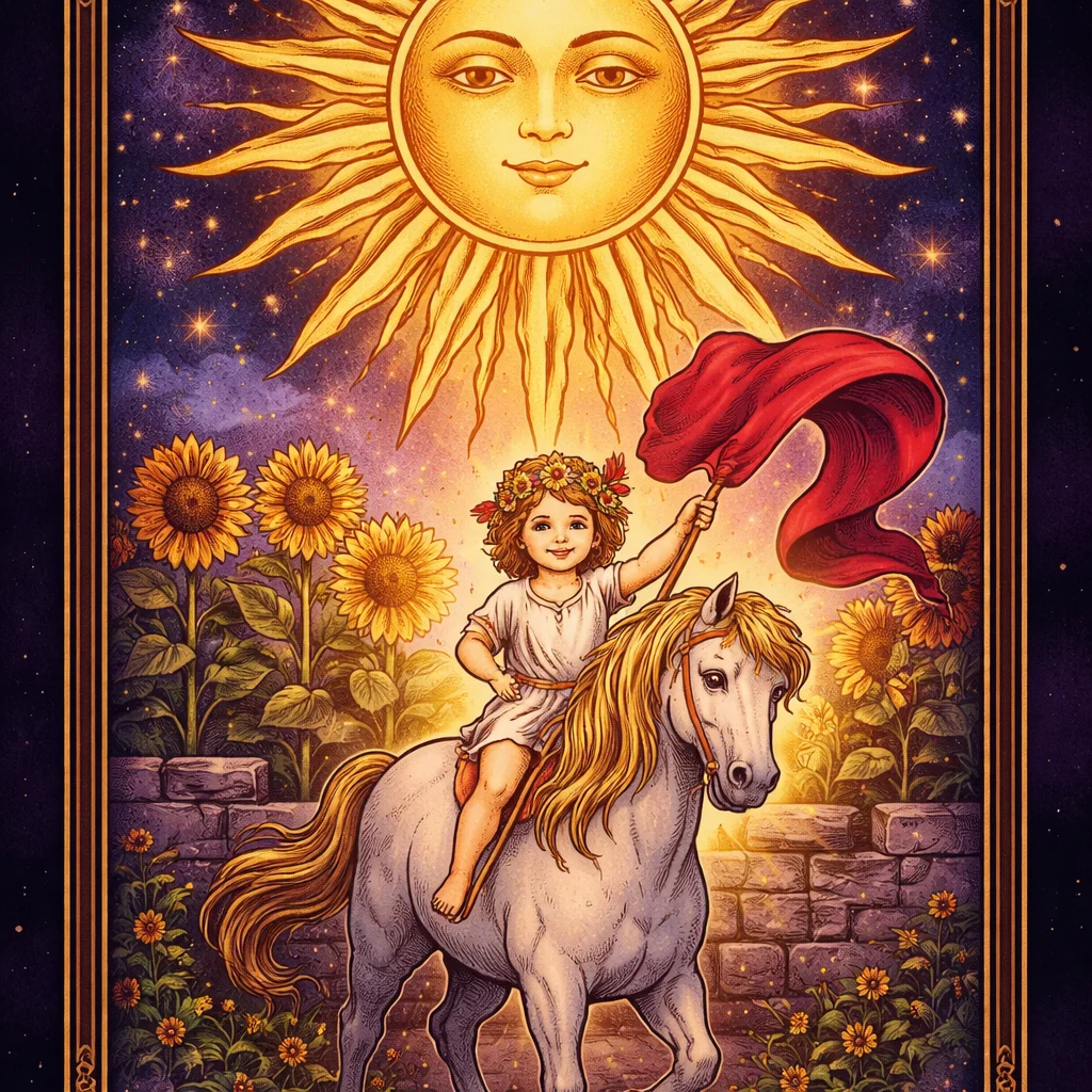The Sun tarot card meaning: a radiant sun over a child on a white horse with a red banner and four sunflowers