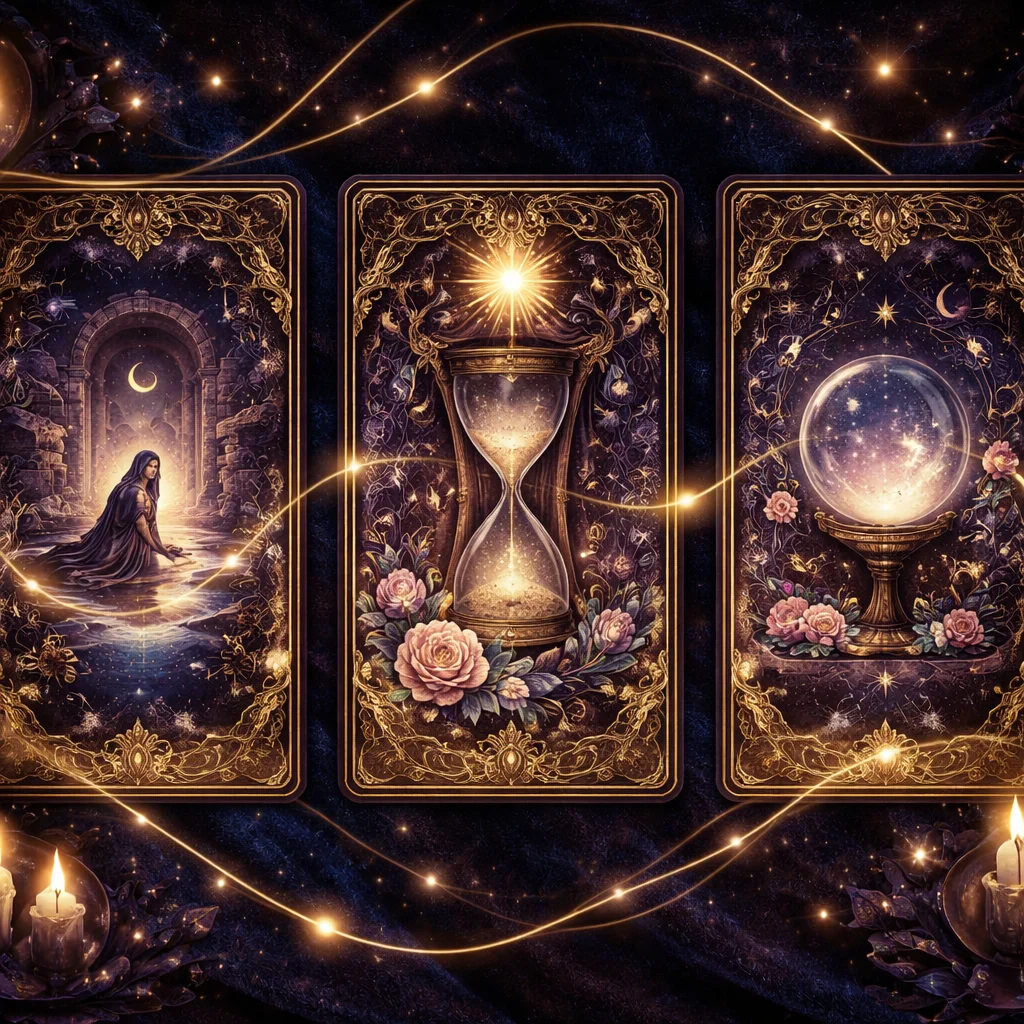 Three tarot cards for a past, present and future spread connected by a golden thread