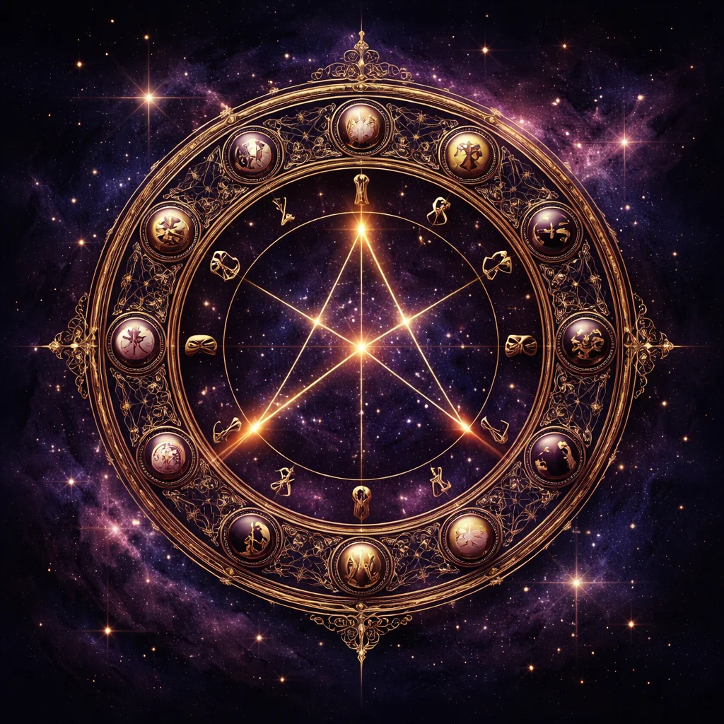 Transit calculator card: an outer zodiac wheel turning against a fixed natal chart, one aspect line struck bright