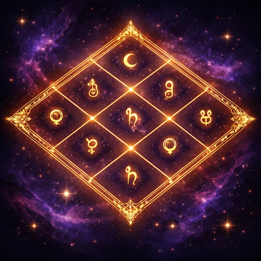 Vedic astrology guide card showing a golden Kundali diamond chart with Sanskrit graha symbols on a deep indigo background