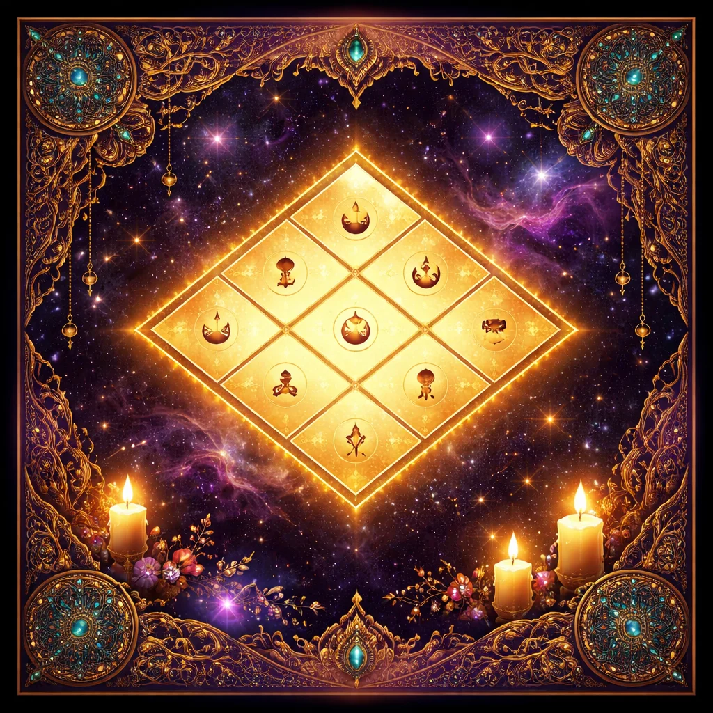 Golden diamond-shaped North Indian Kundali chart illustration for the Vedic birth chart calculator
