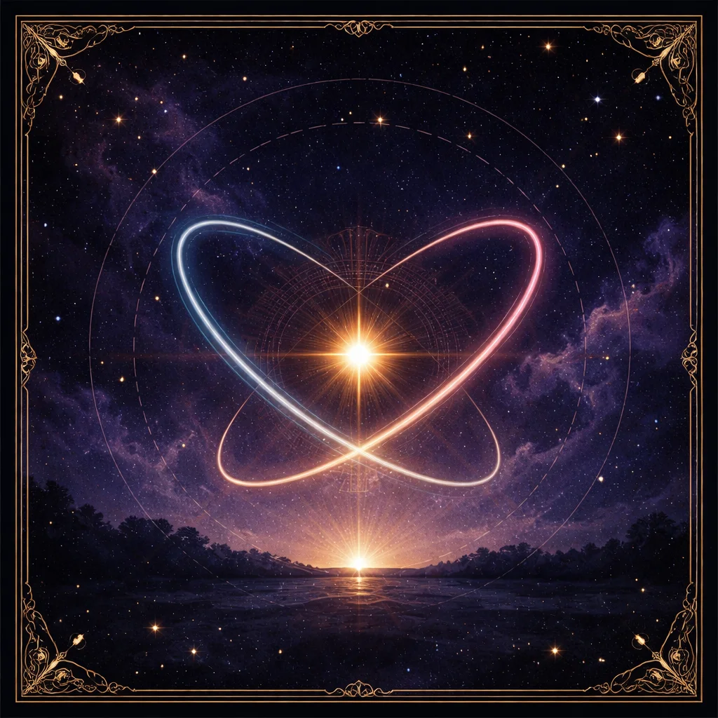 Venus sign calculator card: the planet Venus tracing a two-lobed golden loop around a small sun against a deep indigo sky