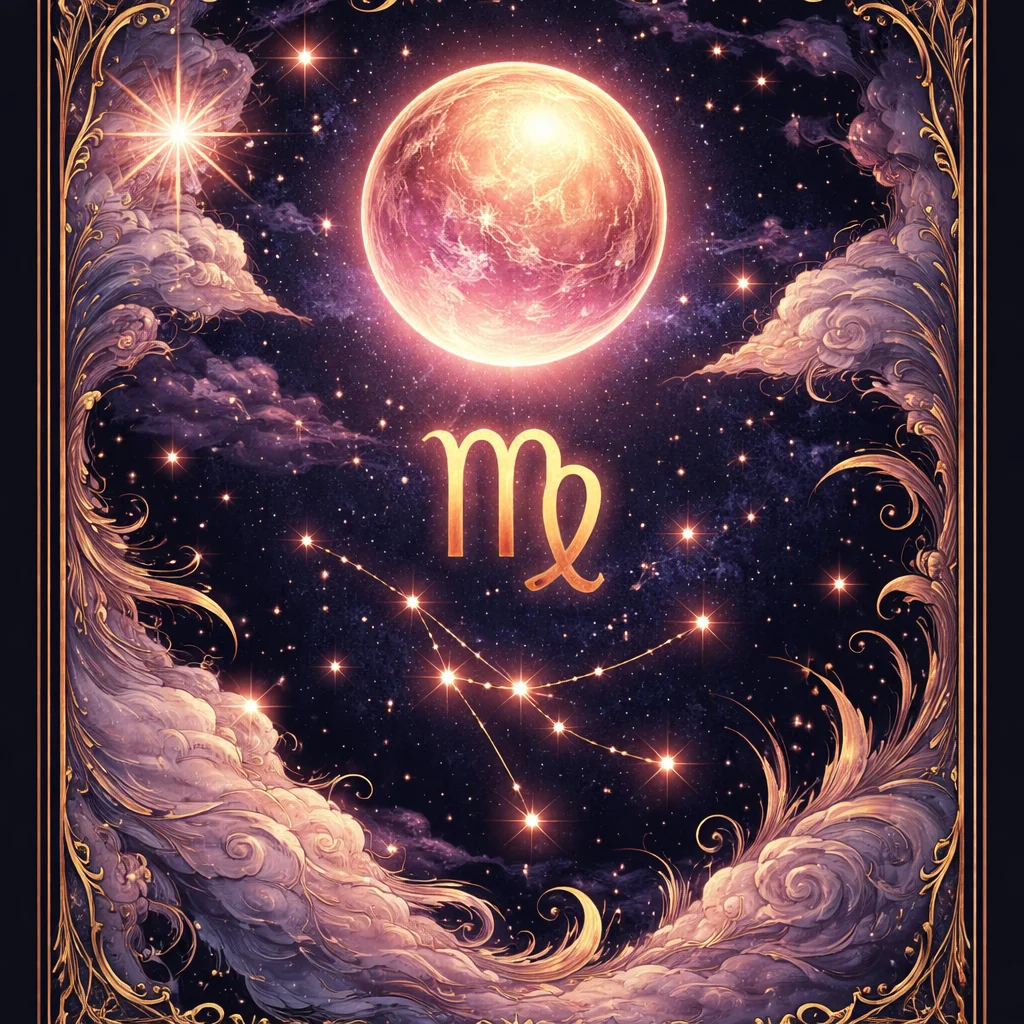 Virgo love horoscope card showing Venus glowing above the maiden constellation with weather symbols in rose gold and sage