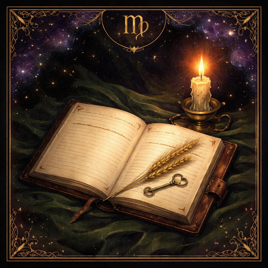 Virgo woman card: an appointment ledger with one entry struck through in gold and rewritten beneath it