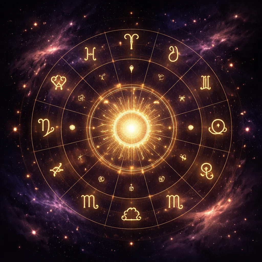 What is astrology illustrated card showing a golden zodiac wheel, planetary glyphs, and house divisions on deep indigo