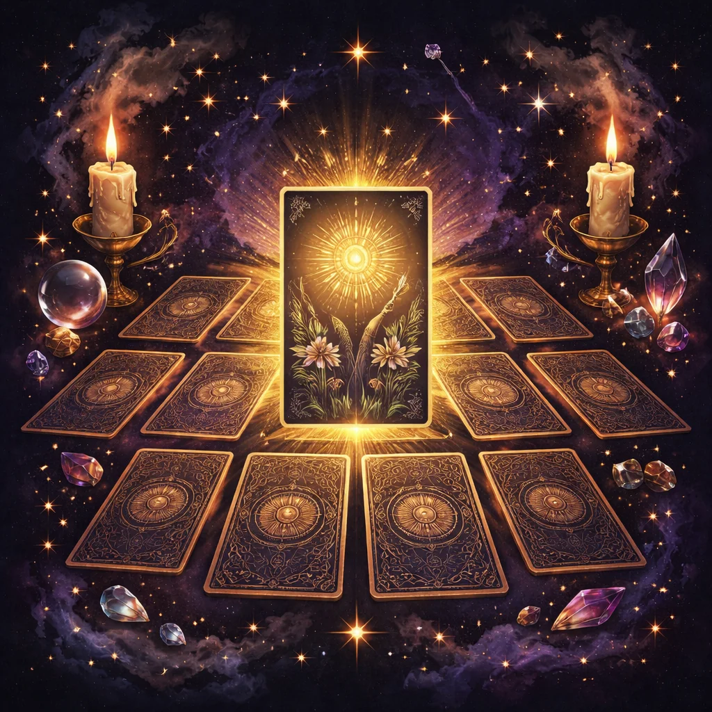 Mystical tarot card illustration for yes or no tarot reading with glowing cosmic energy