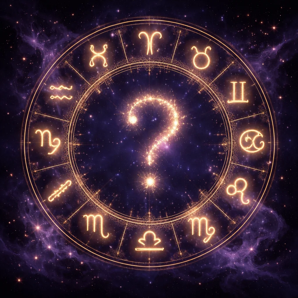 What zodiac sign am I quiz card showing the 12 zodiac glyphs around a glowing gold wheel