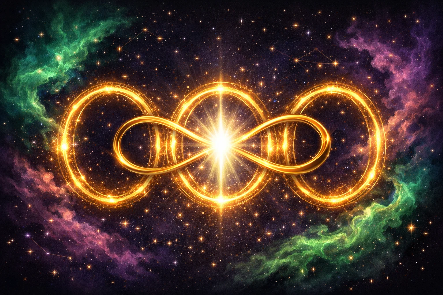 Angel number 000 formed by three luminous cosmic portal rings against a starfield with an infinity symbol and divine white light at the center representing infinite potential and the God force