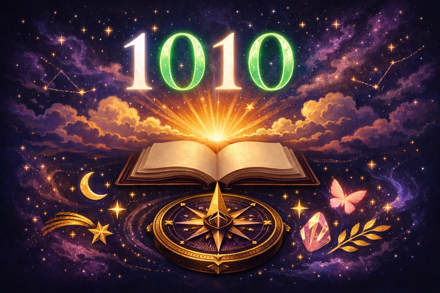 Angel number 1010 with glowing white ones and luminous emerald zeros against a sunrise breaking through clouds, an open book with blank pages and a compass pointing forward representing spiritual awakening and new chapters