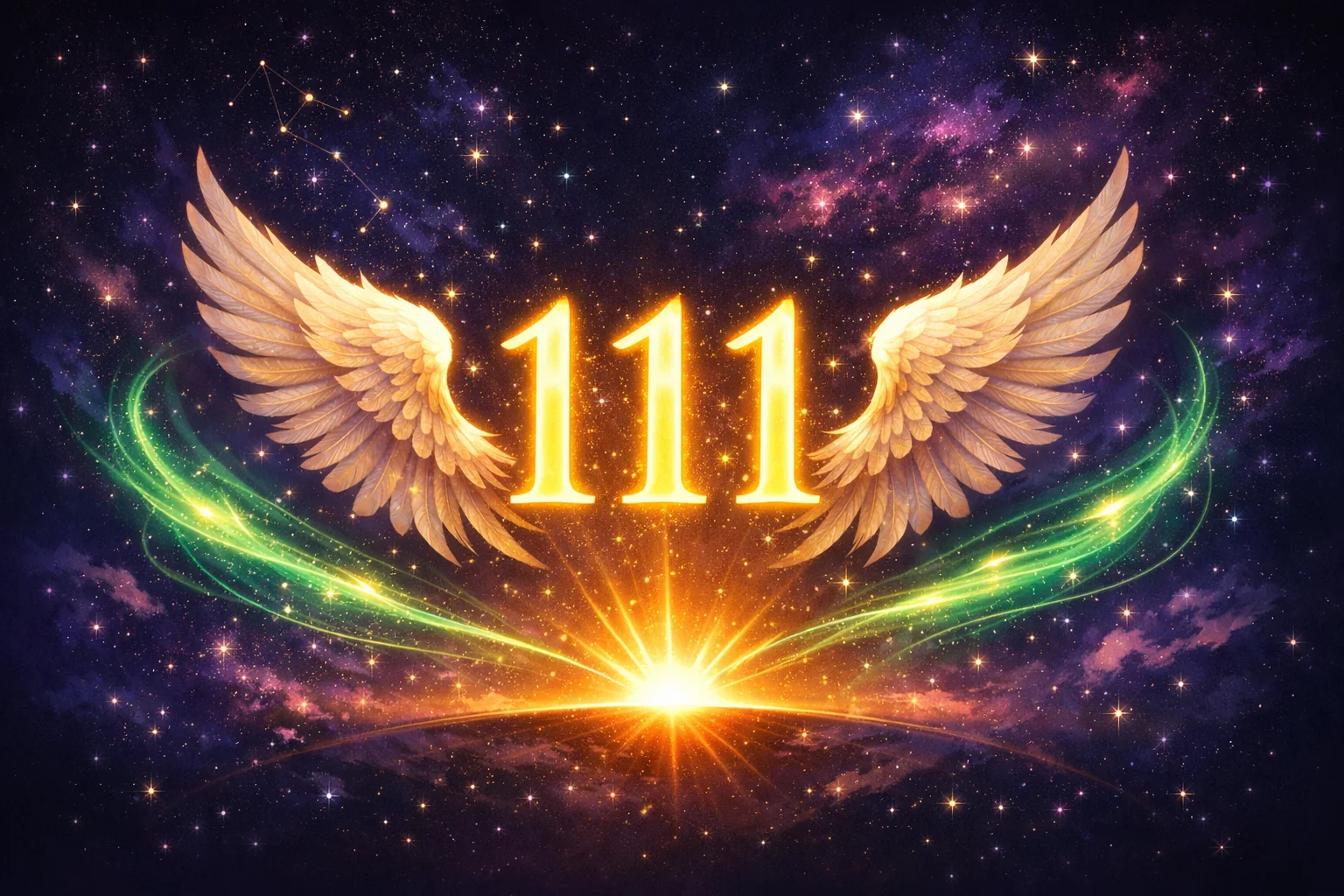 Angel number 111 glowing in golden light against a celestial night sky symbolizing manifestation and new beginnings