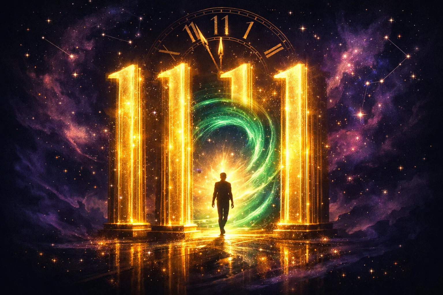 The number 1111 displayed as four golden pillars of light forming a manifestation portal, with a silhouette stepping through into a radiant cosmic dimension and a clock showing 11:11 in the background