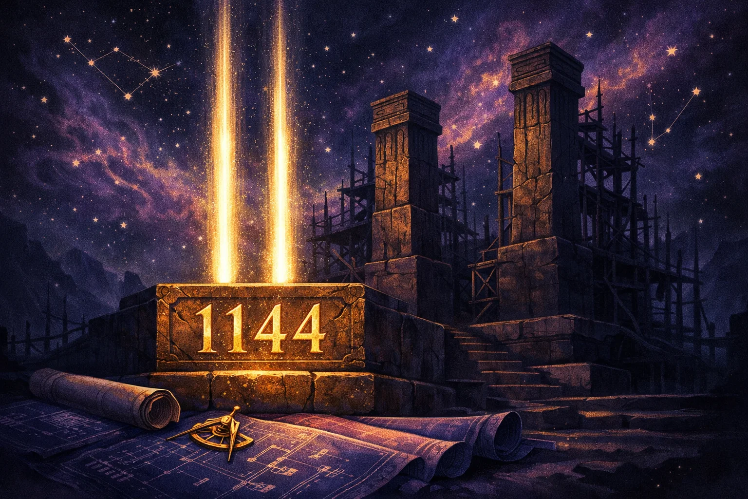 Angel number 1144 carved into a golden cornerstone beneath a half-built structure with two light pillars and stone piers