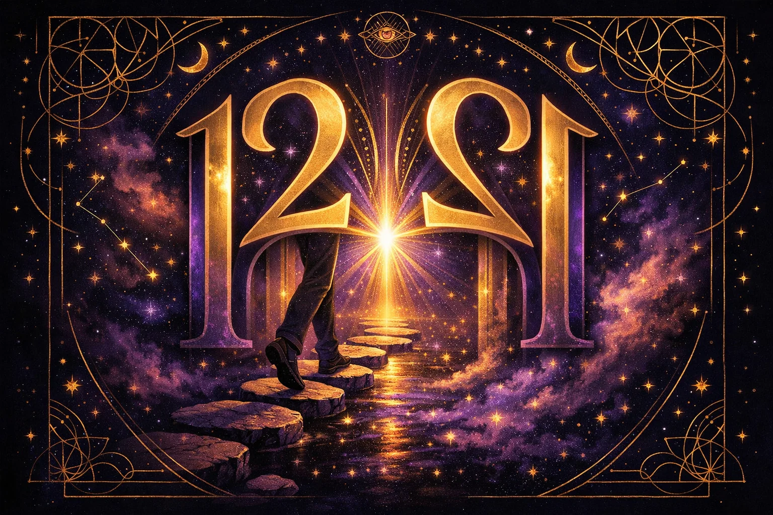 The number 1212 displayed as a mirrored gateway glowing in violet and gold light, with a stepping-stone path leading through the alignment portal and sacred geometry patterns framing the scene