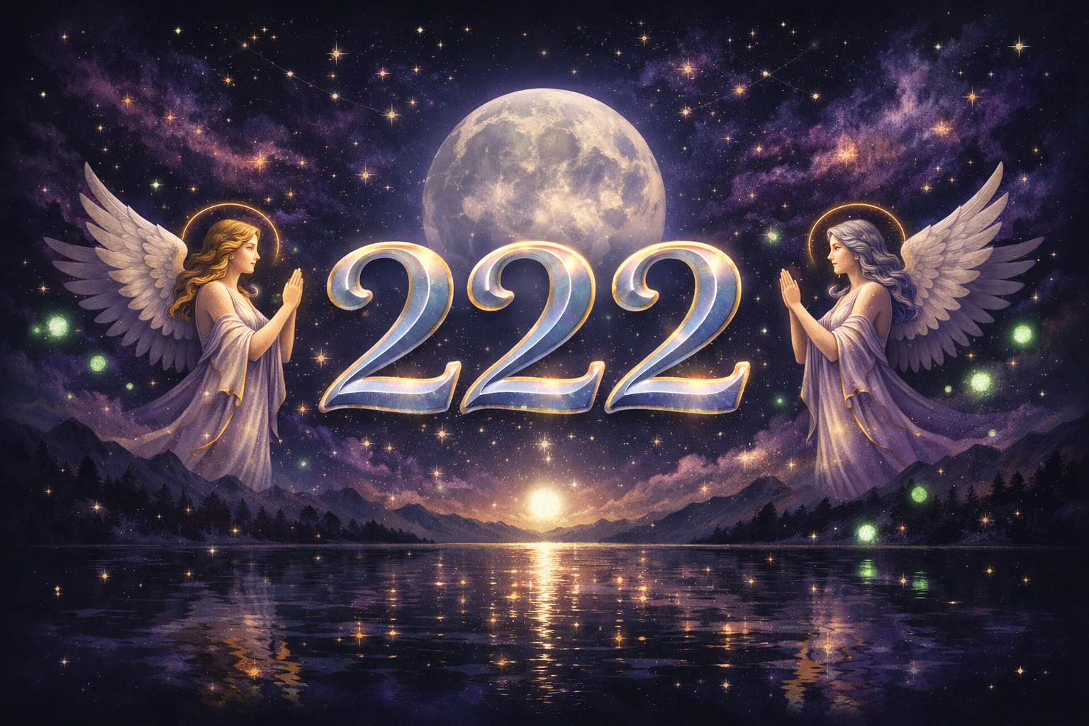 Angel number 222 glowing in silver and blue tones above a tranquil lake symbolizing balance and trust in divine timing
