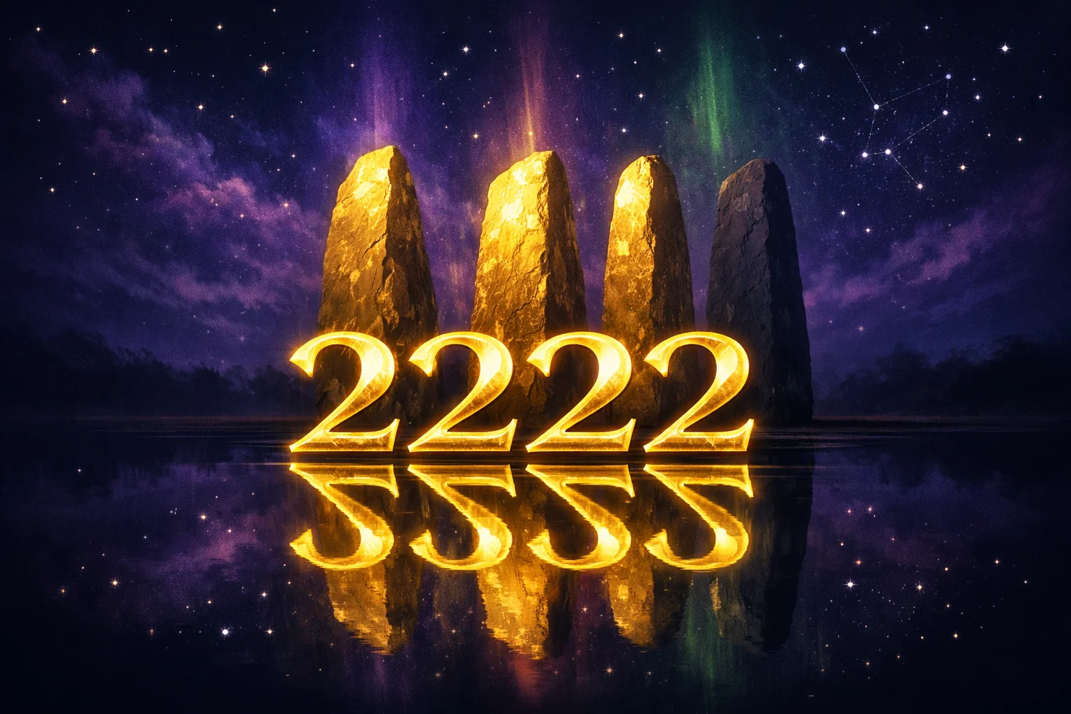 Angel number 2222 in gold mirrored in still water, with four standing stones behind it and one dimmed