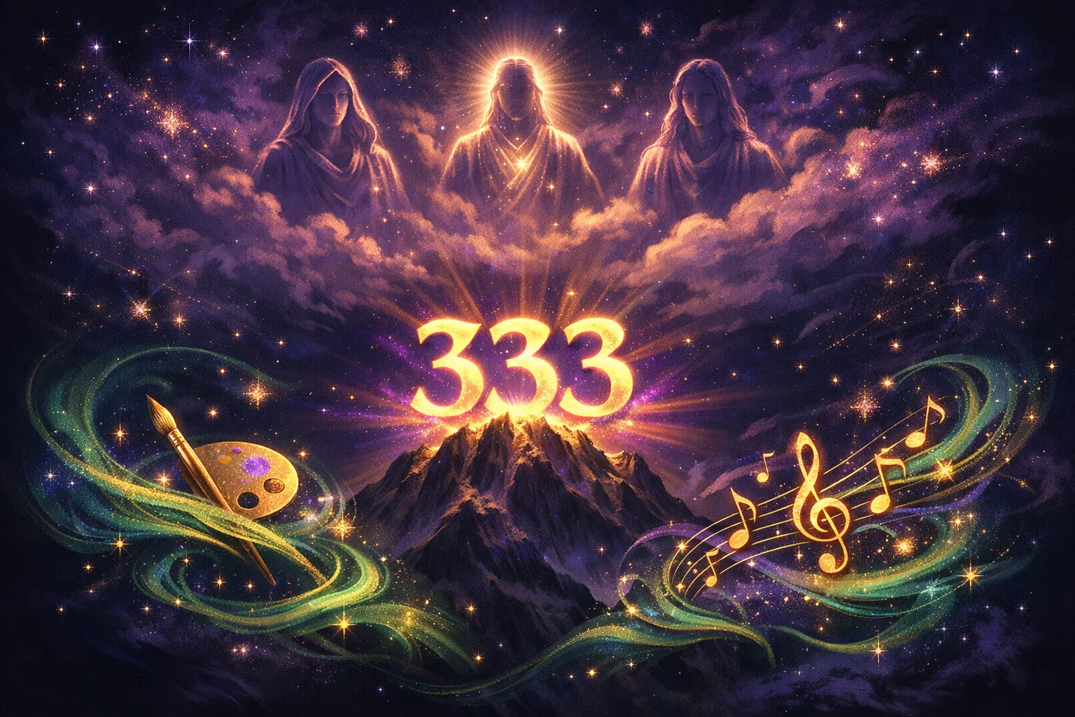 Angel number 333 glowing in violet and gold light on a sacred mountain peak with ascended master silhouettes representing spiritual growth and creativity