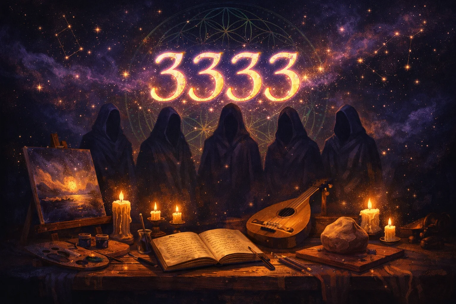 Angel number 3333 glowing above a candlelit table of four unfinished creative projects with ascended master silhouettes
