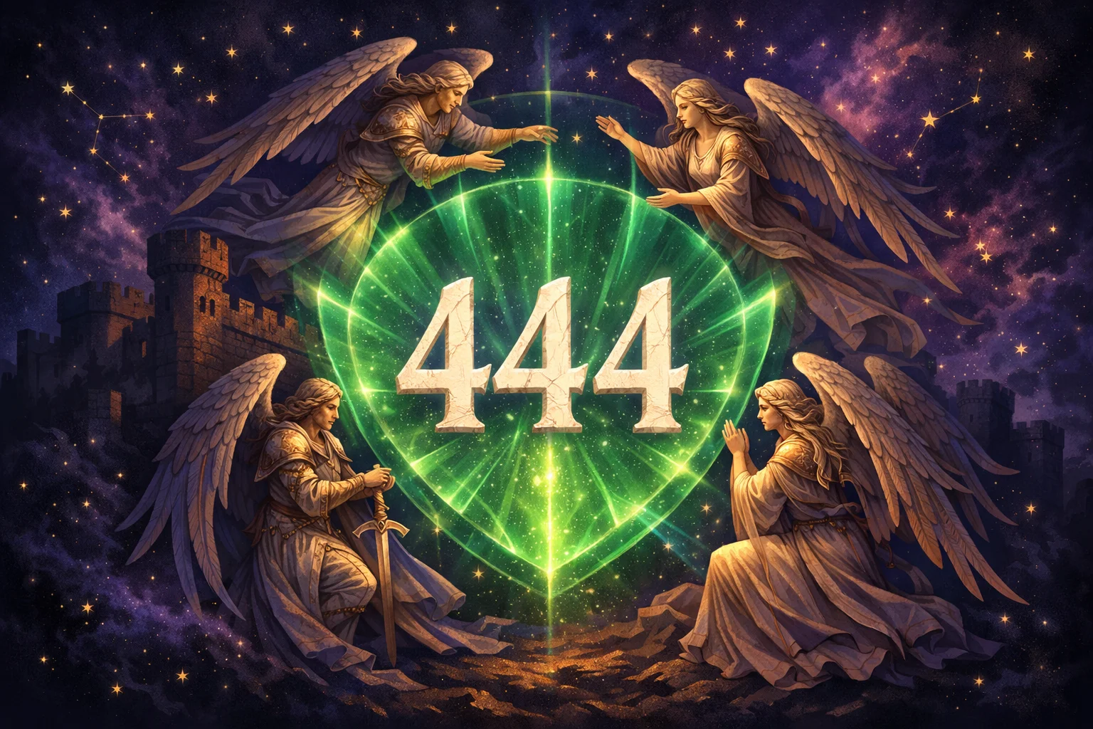Angel number 444 carved in luminous white stone with four guardian angels forming a protective circle against a deep indigo sky symbolizing divine protection and stability